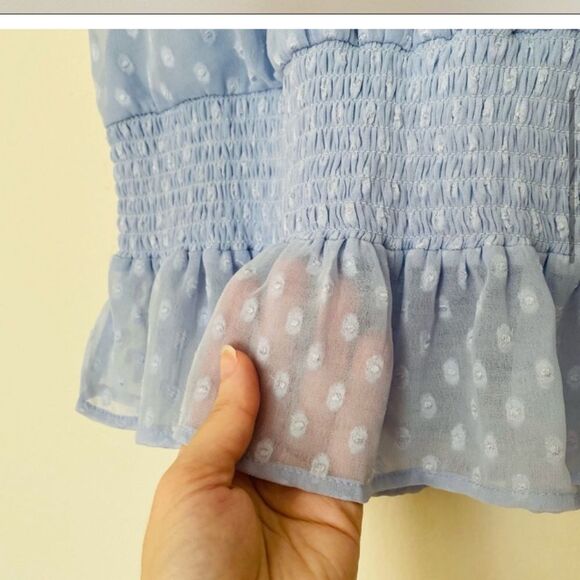 Japna sleeveless Smocked Mock Neck blouse Sheer Light Blue Medium - Picture 5 of 11